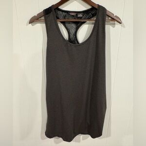 Merrell athletic Tank Top Asymmetrical Striped Size Large with lace racer back